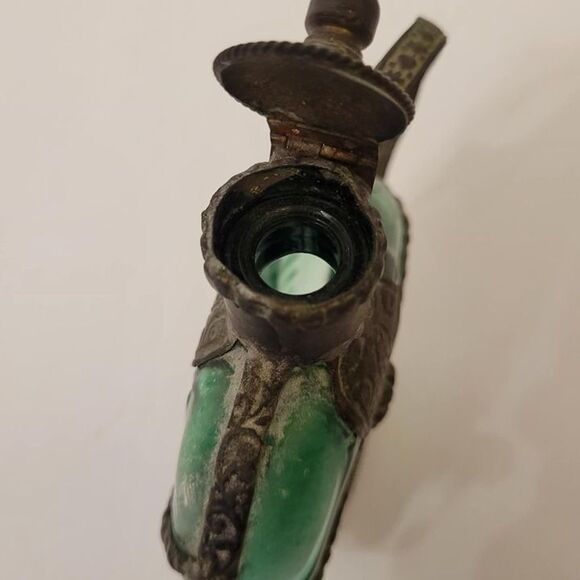 Vintage Emerald Green Glass Decanter Bottle with Ornate Aluminum Holder Teapot - Picture 3 of 9